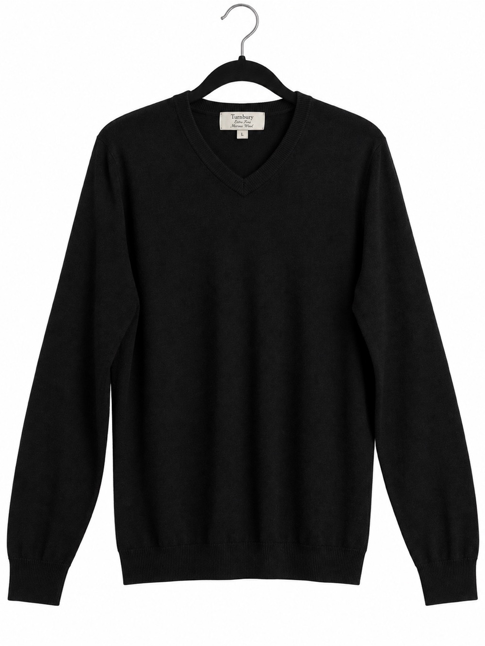 Turnbury 100% Extra Fine Merino Wool Black V Neck Long Sleeve Sweater Mens L